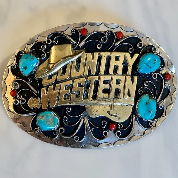 Giant Country Western Silver & Turquoise Belt Buckle 6\